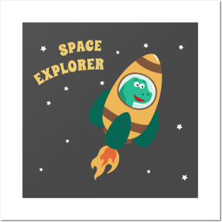 cute dinosaur astronaut play with his rocket. Posters and Art